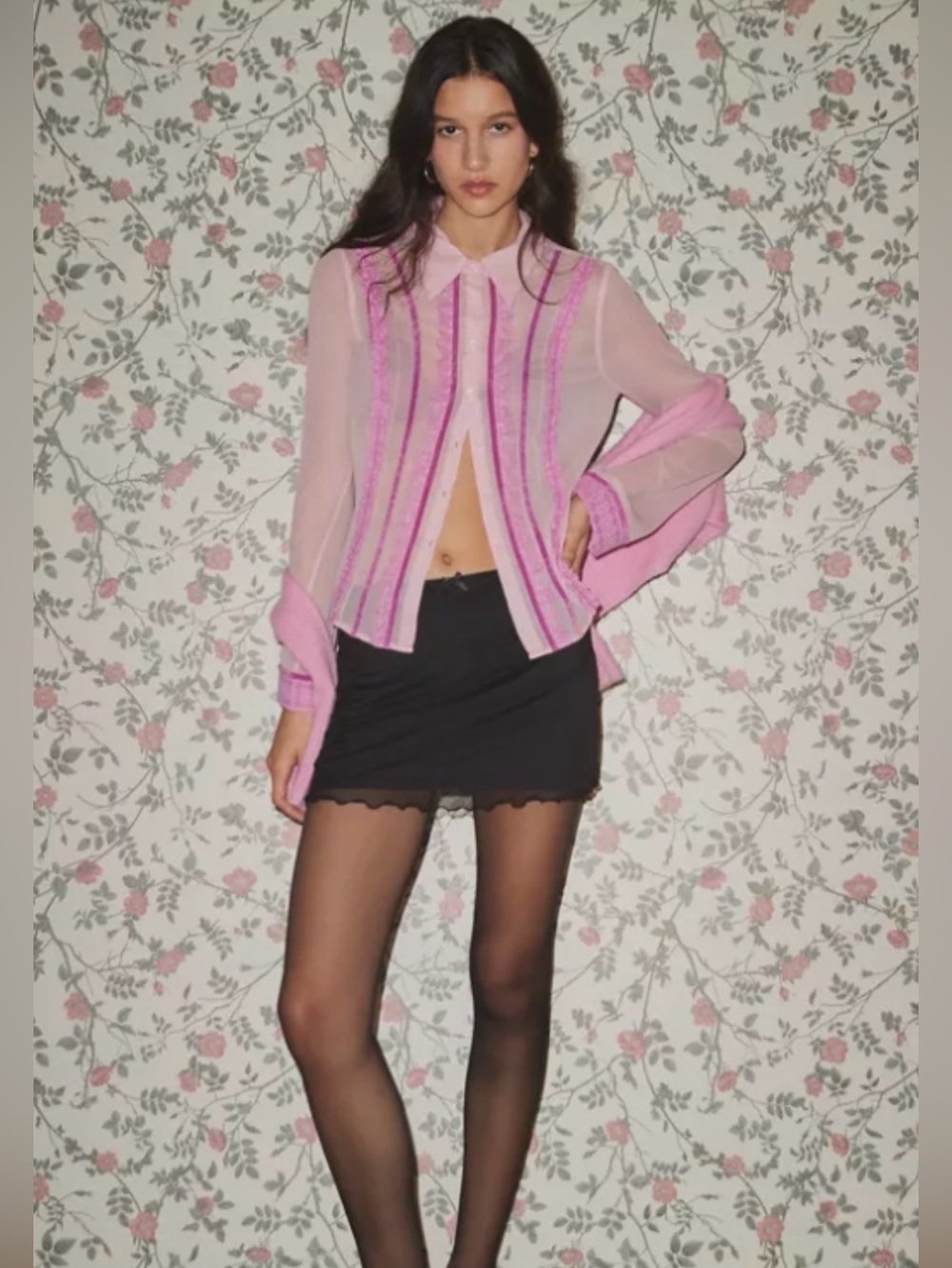 Urban Outfitters Pink Sheer Ruffle-Trim Button Down